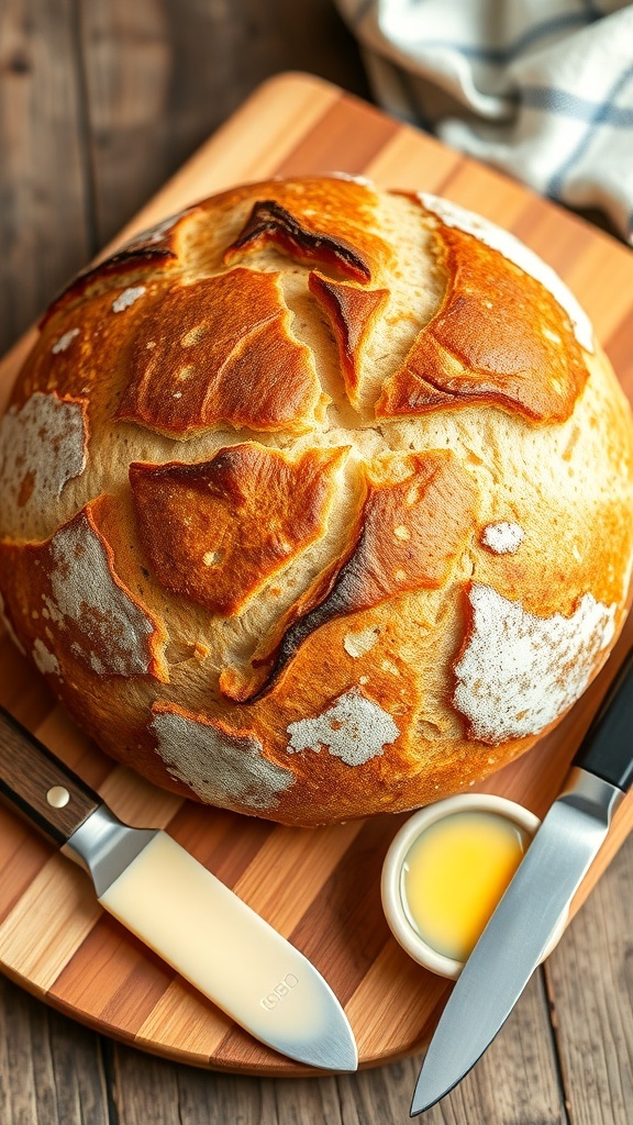 Dutch Oven Sourdough Bread Recipe A golden-brown round loaf of sourdough bread on a cutting board, with a knife and butter.